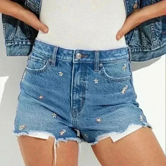 American Eagle Outfitters Pants - American Eagle High Waisted Jean Shorts Embroidered Flowers Distressed Size 12